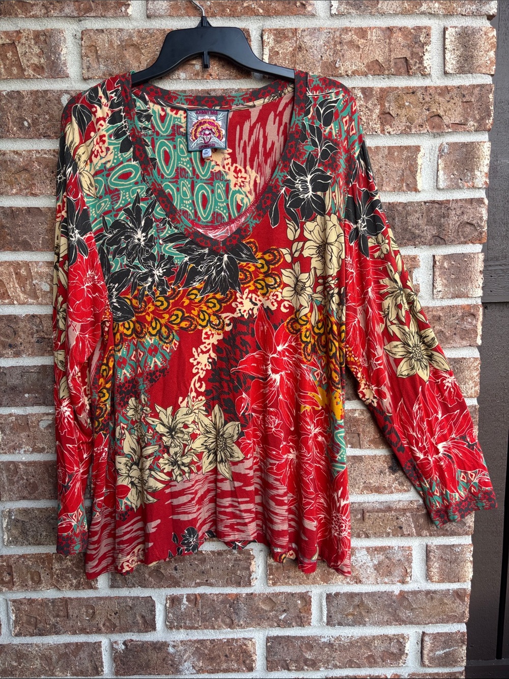 Johnny was ikat Boho Red Floral V-Neck Long Sleeve swing top